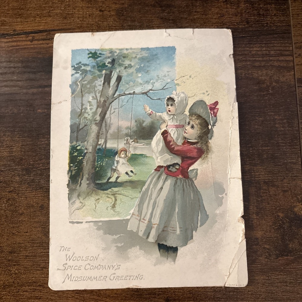 Woolson Spice Co Midsummer Greeting Ad Trade Card Lion Coffee 1890s Victorian